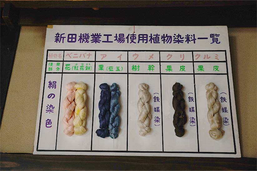 新田工房内に展示された色見本と、紬に使用された染色された糸
