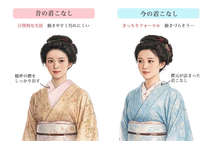 昔は襟をしっかり出して、動きやすく着物が汚れない工夫をしていた
